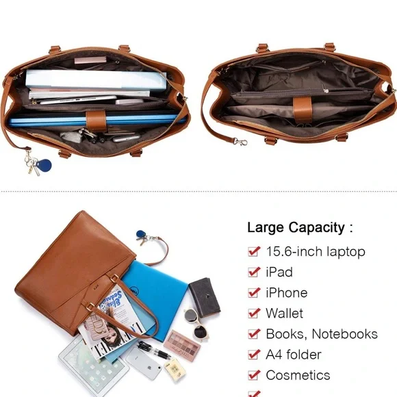 LOVEVOOK Laptop Tote Bag 15.6” Waterproof PU Leather Brown - Picture 15 of 16